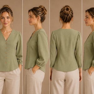 May include: A sage green long-sleeve blouse featuring a V-neckline, a front button-down closure with five buttons, and gathered sleeve cuffs. The garment has a tailored fit with vertical seams on the front and back, shown from four angles.