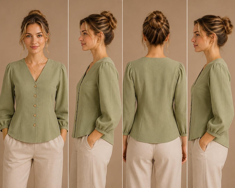 May include: A sage green long-sleeve blouse featuring a V-neckline, a front button-down closure with five buttons, and gathered sleeve cuffs. The garment has a tailored fit with vertical seams on the front and back, shown from four angles.