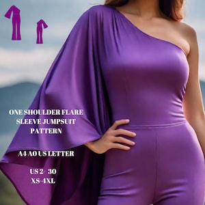 Könnte beinhalten: Ein leuchtend lila Jumpsuit mit einer Schulter und ausgestellten Ärmeln. Das Bild enthält ein Schnittmuster und den Text "ONE SHOULDER FLARE SLEEVE JUMPSUIT PATTERN", "A4 AO US LETTER" sowie die Größen "US 2-30" und "XS-4XL".