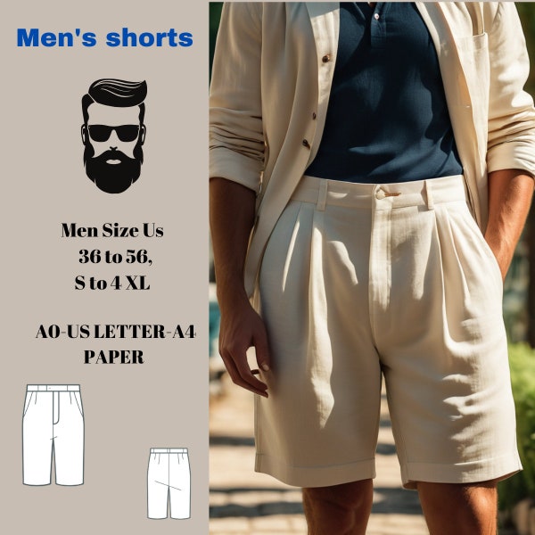 Linen Summer men's short  pattern, Summer casual men's shorts. holiday shorts city shorts Men Sewing Pattern, S-4XL, 36 to 56