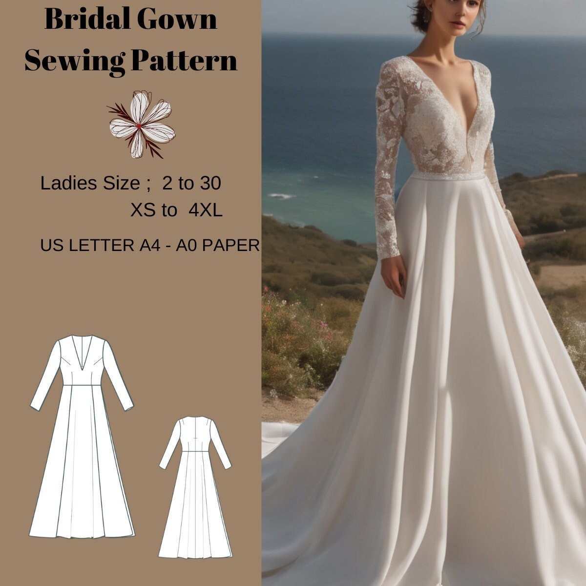 Wedding Dress with Train PDF Sewing Pattern Aline Brid