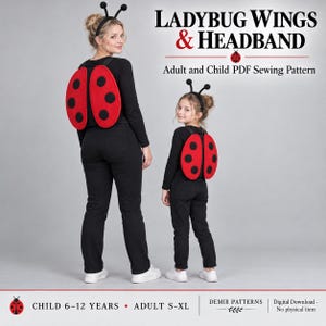 May include: Ladybug wings and headband adult and child PDF sewing pattern. The set includes red felt wings with black spots and a black headband with antennae. Text reads: LADYBUG WINGS & HEADBAND, Adult and Child PDF Sewing Pattern.