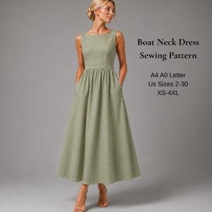 Boat Neck Dress Sewing Pattern PDF, Linen Maxi Dress Pattern, Sleeveless A Line Dress, Pocket Dress, XS-4XL, A4 A0 US Letter