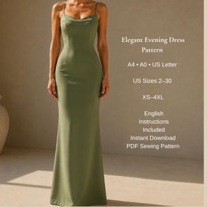 Patrón de costura en PDF para vestido de noche elegante / Vestido largo con tirantes finos / Patrón para vestido formal / Tallas XS-4XL / Tamaños: A4, A0 y Carta (EE. UU.)