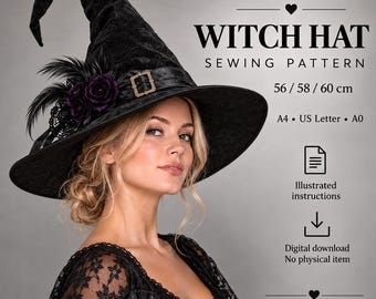 Witch Hat Sewing Pattern, Halloween Witch Hat PDF Pattern, Adult Costume Hat Sewing Pattern, A4 US Letter A0, Sizes 56-60 cm