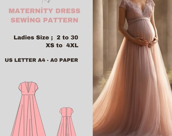 Maternity Gown Dress Sewing Pattern,Ladies Sizes ; US 2 to 30-Xs to4 XL ,Formatted A0, A4 ,US Letter Paper.