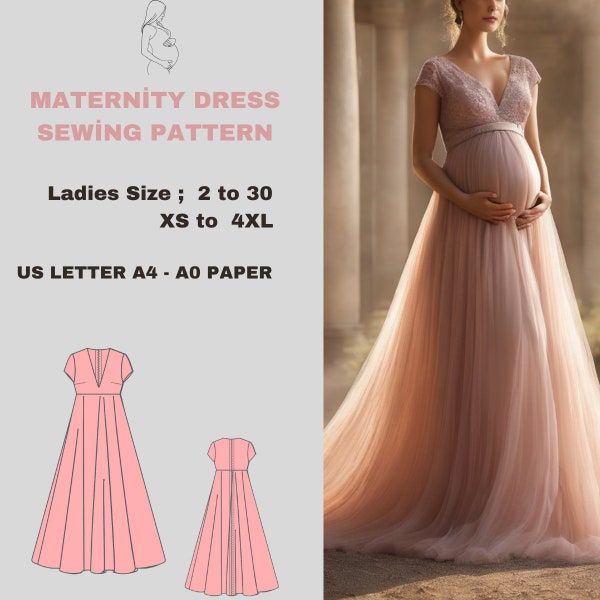 Maternity Gown Dress Sewing Pattern,Ladies Sizes ; US 2 to 30-Xs to4 XL ,Formatted A0, A4 ,US Letter Paper.