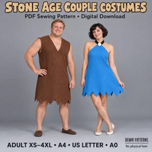 May include: Stone Age couple costumes PDF sewing pattern digital download. A brown sleeveless tunic with a jagged hemline and a blue halter-style dress with a jagged hemline and a white circular neck accent. Text reads: Stone Age Couple Costumes.