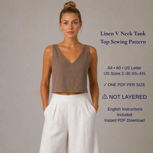 Può includere: Una canotta marrone con scollo a V e pantaloni bianchi a gamba larga. Il testo recita: Linen V Neck Tank Top Sewing Pattern, A4, A0, US Letter, US Sizes 2-30 XS-4XL, ONE PDF PER SIZE, NOT LAYERED, English Instructions Included, Instant PDF Download.