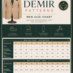 K&ouml;nnte beinhalten: Ein beigefarbener Blazer auf einer Schneiderpuppe neben einer Demir Patterns Gr&ouml;&szlig;entabelle. Die Tabelle zeigt Ma&szlig;e in Zentimetern und Zoll f&uuml;r die Gr&ouml;&szlig;en 36 bis 56, einschlie&szlig;lich Brust-, Taillen- und H&uuml;ftumfang sowie N&auml;h-Symbole.