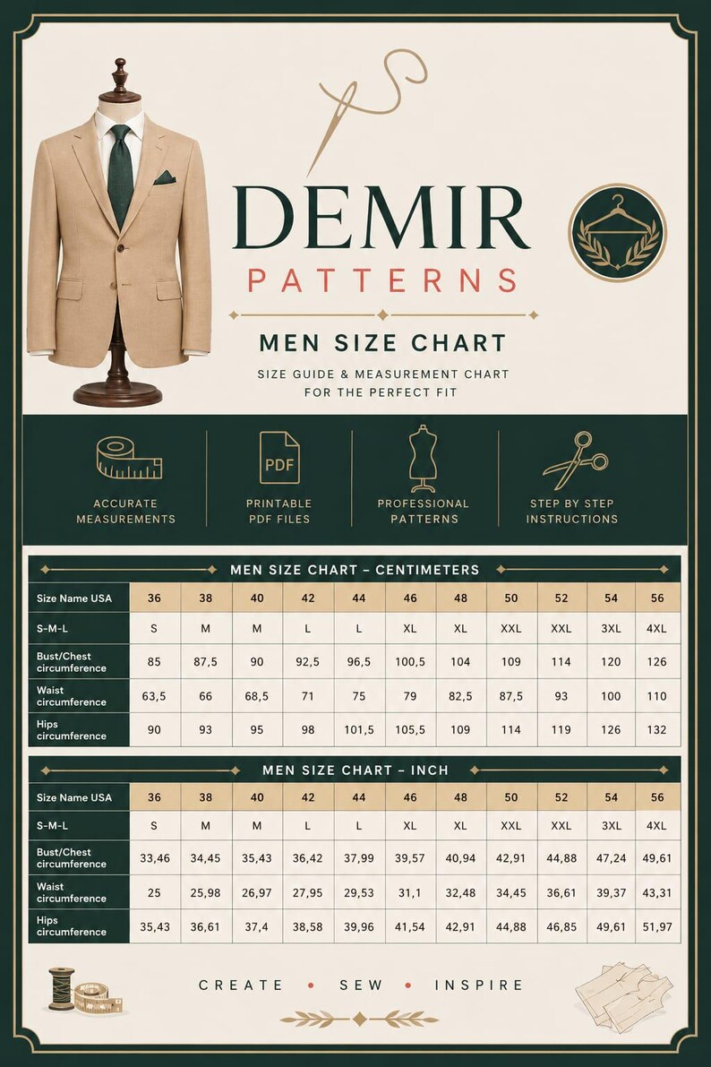 K&ouml;nnte beinhalten: Ein beigefarbener Blazer auf einer Schneiderpuppe neben einer Demir Patterns Gr&ouml;&szlig;entabelle. Die Tabelle zeigt Ma&szlig;e in Zentimetern und Zoll f&uuml;r die Gr&ouml;&szlig;en 36 bis 56, einschlie&szlig;lich Brust-, Taillen- und H&uuml;ftumfang sowie N&auml;h-Symbole.