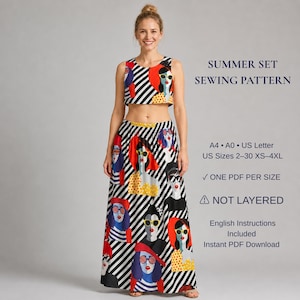 May include: A two-piece summer set sewing pattern featuring a crop top and maxi skirt with a black and white diagonal striped background and a repeating graphic print of stylized faces wearing sunglasses. Text includes SUMMER SET SEWING PATTERN.