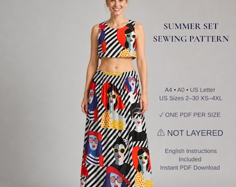 Crop Top and Maxi Skirt Sewing Pattern PDF  Two Piece Summer Set Pattern Co Ord Outfit Pattern Women's Matching Set  XS-4XL  A4 A0 US Letter