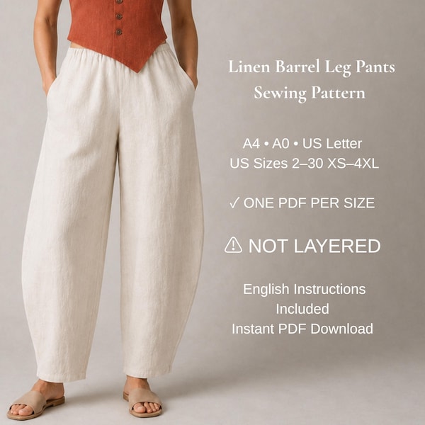 Linen Barrel Leg Pants Sewing Pattern PDF | Elastic Waist Pants Pattern | Women Wide Leg Trousers | In Seam Pockets | XS-4XL | A4  A0