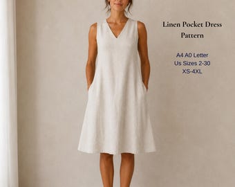 Linen Pocket Dress Sewing Pattern, Sleeveless V-Neck Summer Tunic (PDF Download)