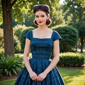 Può includere: Una donna che indossa un abito a quadri blu e bianchi con un cappello a quadri rossi e neri. L'abito ha una scollatura quadrata e maniche corte. La donna è in piedi in un giardino.