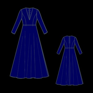May include: A navy blue dress illustration with long sleeves and a V-neckline. The dress features a fitted bodice and a flowing skirt. A smaller version of the dress is also shown. The design is a technical drawing, likely for sewing or fashion design.