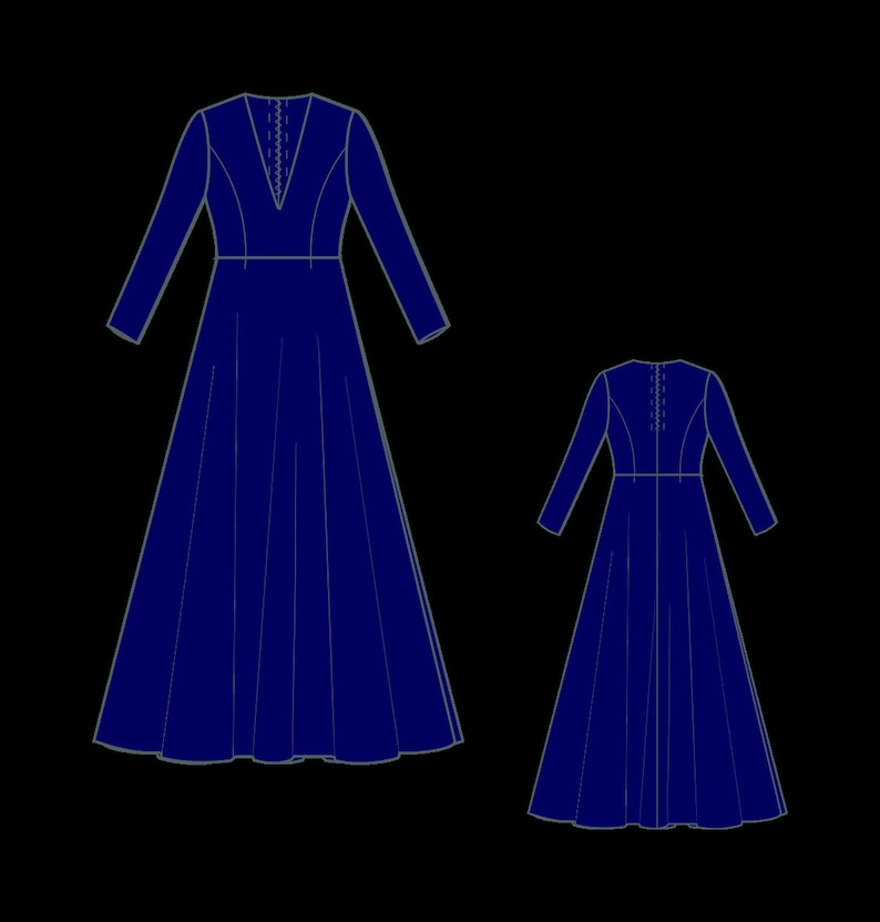 May include: A navy blue dress illustration with long sleeves and a V-neckline. The dress features a fitted bodice and a flowing skirt. A smaller version of the dress is also shown. The design is a technical drawing, likely for sewing or fashion design.