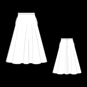 May include: A technical line drawing of a skirt shown from the front and back views. The skirt features a high waistband, a flared A-line silhouette with vertical seam lines, and a centered back zipper closure on the rear view illustration.
