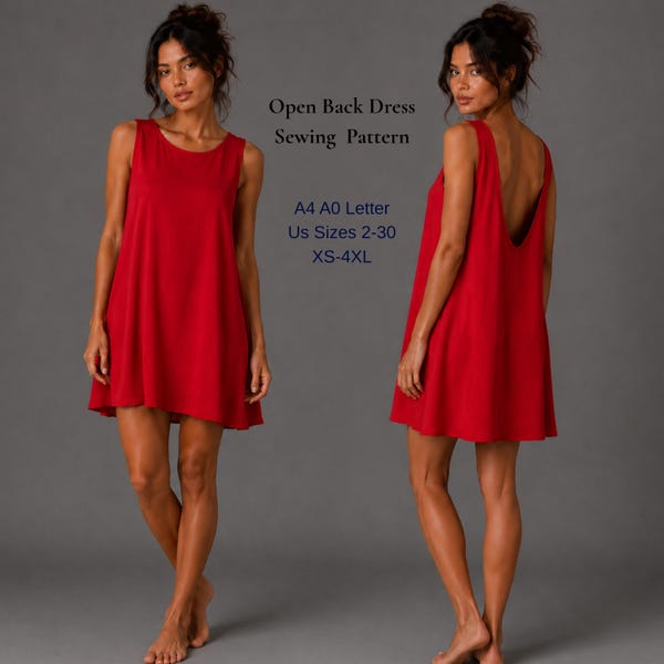 Open Back Dress Sewing Pattern PDF | Sleeveless Mini Dress | Backless A-Line Dress Pattern | XS-4XL | A4 A0 US Letter