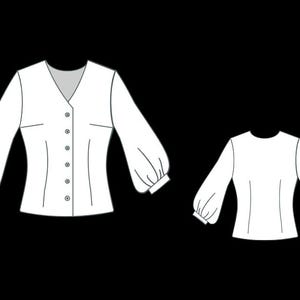 May include: A white long-sleeve blouse featuring a V-neckline with a front button closure and voluminous sleeves with cuffs. The illustration also displays the back view of the same white blouse, which features a simple round neckline.