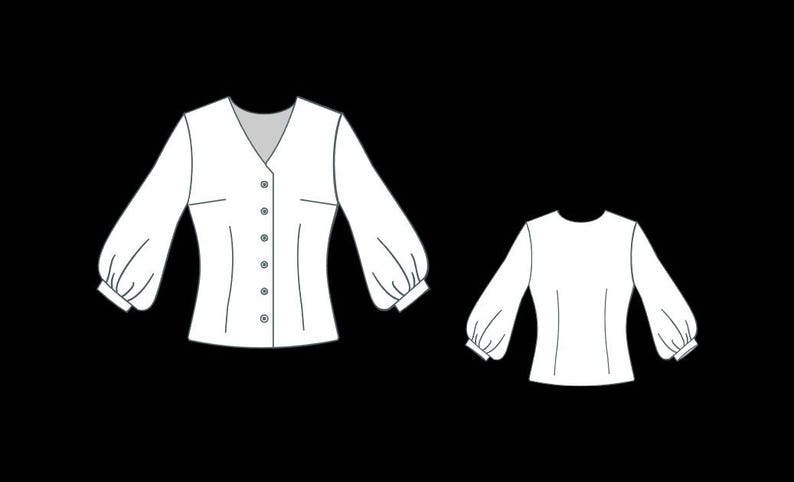 May include: A white long-sleeve blouse featuring a V-neckline with a front button closure and voluminous sleeves with cuffs. The illustration also displays the back view of the same white blouse, which features a simple round neckline.