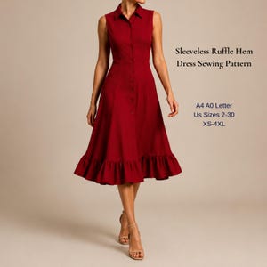 Könnte beinhalten: Ein ärmelloses, dunkelrotes Kleid mit Kragen, durchgehender Knopfleiste und gerüschtem Saum. Der Text lautet: Sleeveless Ruffle Hem Dress Sewing Pattern, A4 A0 Letter, US Sizes 2-30, XS-4XL. Das Kleid verfügt über ein körpernah geschnittenes Oberteil.