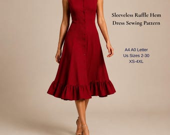 Sleeveless Shirt Dress Sewing Pattern, Button Front Midi Dress PDF, Ruffle Hem Summer Dress Pattern, Collar Dress Pattern, XS-4XL
