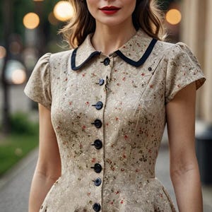 May include: A woman wearing a beige dress with a floral pattern and black trim. The dress has a button-up front and short sleeves.