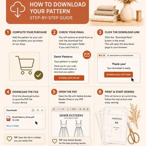 May include: An infographic titled Demir Patterns PDF Sewing Patterns detailing a six-step download process. It features icons for a shopping cart, email, browser window, file download, PDF viewer, and printed patterns with scissors and dried flowers.