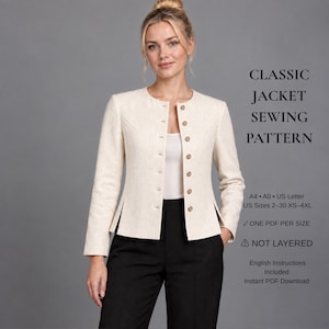 Può includere: Una giacca color crema a maniche lunghe con scollo rotondo e chiusura frontale con bottoni. Il testo recita: CLASSIC JACKET SEWING PATTERN, A4, A0, US Letter, US Sizes 2-30 XS-4XL, ONE PDF PER SIZE, NOT LAYERED, English Instructions Included, Instant PDF Download.