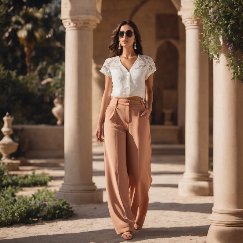 May include: A woman wearing a white lace top with a button closure and wide-leg pants in a light brown color. She is wearing sunglasses and standing in a courtyard with columns.