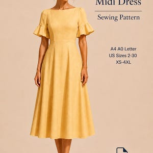 May include: A yellow midi dress with ruffle sleeves and a boat neckline. The text reads: Ruffle Sleeve Midi Dress Sewing Pattern, A4 A0 Letter, US Sizes 2-30, XS-4XL, PDF DIGITAL SEWING PATTERN. The dress features a fitted bodice and a flared skirt.
