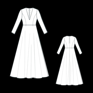 May include: Line drawing of a long-sleeved dress with a V-neckline and a full skirt. The dress features a fitted bodice and a flowing skirt. A smaller version of the dress is also shown, displaying the back of the dress with a zipper detail.
