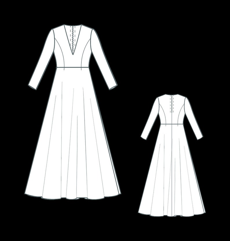May include: Line drawing of a long-sleeved dress with a V-neckline and a full skirt. The dress features a fitted bodice and a flowing skirt. A smaller version of the dress is also shown, displaying the back of the dress with a zipper detail.