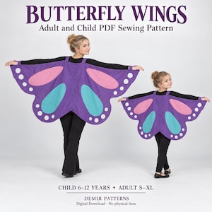 May include: A PDF sewing pattern for butterfly wings, featuring text that reads BUTTERFLY WINGS Adult and Child PDF Sewing Pattern, CHILD 6-12 YEARS ADULT S-XL, and DEMIR PATTERNS. The wings are purple with pink and teal accents.