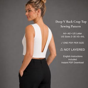 Naaipatroon PDF voor een crop top met diepe V-hals | Mouwloos tanktoppatroon | Zomertop voor dames | XS-4XL | A4, A0, US Letter