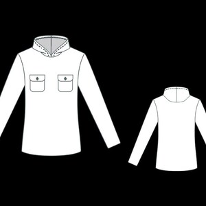 May include: A white long-sleeve hooded shirt featuring a hood with a visible seam, two chest pockets with buttoned flaps, and long sleeves. The illustration displays both the front view with the pockets and the plain back view of the garment.