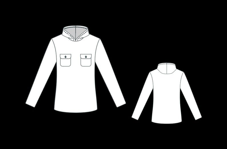 May include: A white long-sleeve hooded shirt featuring a hood with a visible seam, two chest pockets with buttoned flaps, and long sleeves. The illustration displays both the front view with the pockets and the plain back view of the garment.