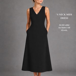 Könnte beinhalten: Ein einfarbig schwarzes ärmelloses Midikleid mit V-Ausschnitt und Seitentaschen. Der Text rechts lautet V-NECK MIDI DRESS, A4 A0 Letter, US Sizes 2-30, XS-4XL. Das Kleid hat ein körpernahes Oberteil, das in einen schlichten A-Linien-Rock übergeht.