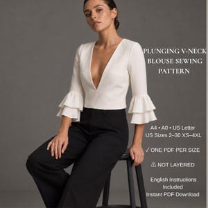 Plunging V Neck Blouse Sewing Pattern PDF, Deep V Neck Top Pattern, Ruffle Sleeve Blouse, Women's Crop Top, XS-4XL, A4 A0 US Letter