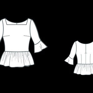 May include: Line drawing of two white blouses. The blouse on the left has a square neckline and three-quarter sleeves with flared cuffs. The blouse on the right has a round neckline and similar sleeves.