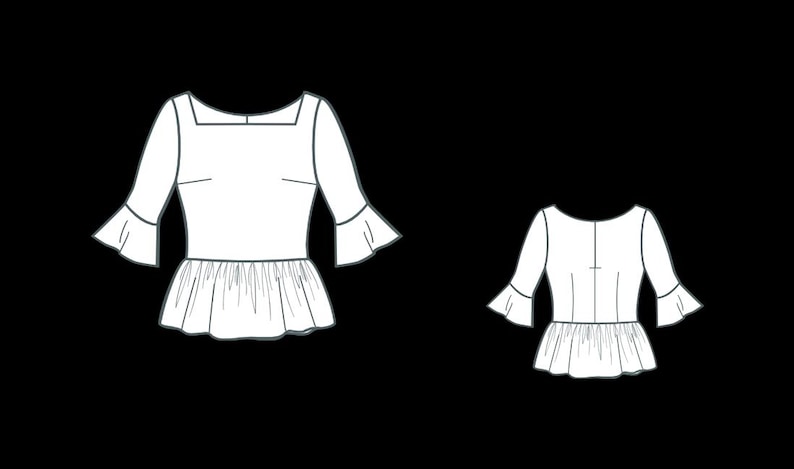 May include: Line drawing of two white blouses. The blouse on the left has a square neckline and three-quarter sleeves with flared cuffs. The blouse on the right has a round neckline and similar sleeves.