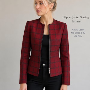May include: A red plaid zipper jacket with a black zipper and a black top. The jacket is part of a sewing pattern, with text that reads "Zipper Jacket Sewing Pattern" and "US Sizes 2-30 XS-4XL".