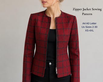 May include: A red plaid zipper jacket with a black zipper and a black top. The jacket is part of a sewing pattern, with text that reads "Zipper Jacket Sewing Pattern" and "US Sizes 2-30 XS-4XL".