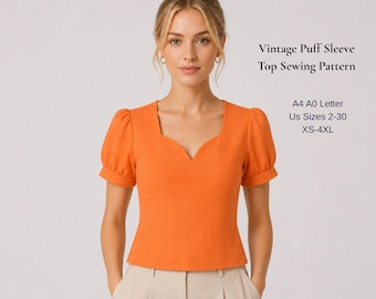 Sweetheart Puff Sleeve Blouse Sewing Pattern, Vintage Linen Top PDF, Cottagecore Blouse, XS-4XL