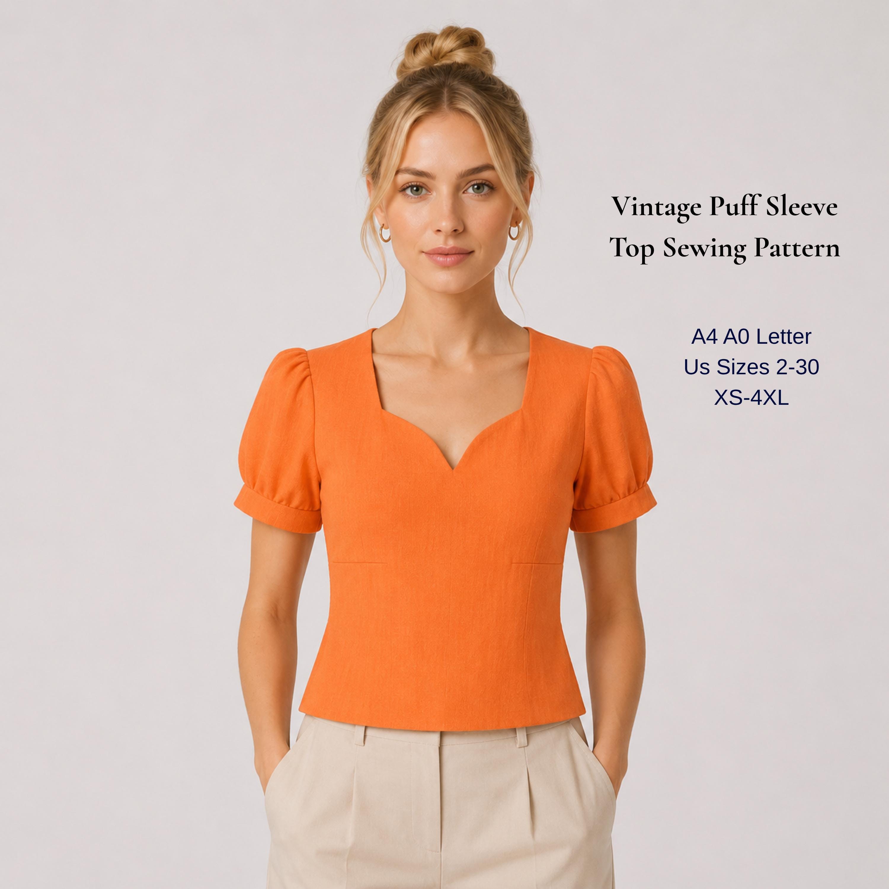 Sweetheart Puff Sleeve Blouse Sewing Pattern, Vintage Linen Top PDF ...