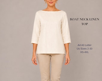 Boat Neck Linen Top Sewing Pattern PDF, Women’s Linen Blouse Pattern, 3/4 Sleeve Summer Top, Minimalist Shirt, XS-4XL, A4 A0 US Letter