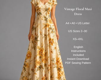 Floral Maxi Dress Sewing Pattern PDF, Vintage Cottagecore Dress, V Neck Maxi Gown, Summer Dress, XS-4XL, A4 A0 US Letter