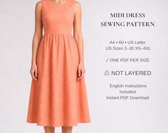Naaipatroon voor een mouwloze midi-jurk (PDF) | A-lijn jurk met geplooide taille | Zomerjurk voor dames | XS-4XL | A4 A0 US Letter